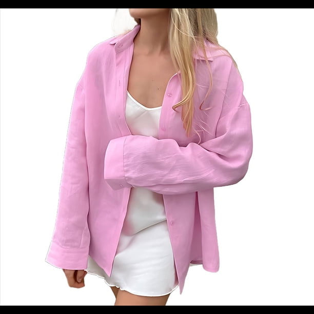 Blusa Playera de Larga para Mujer, para Cubrir Trajes de Baño, con Cuello Abotonado. Rosa L