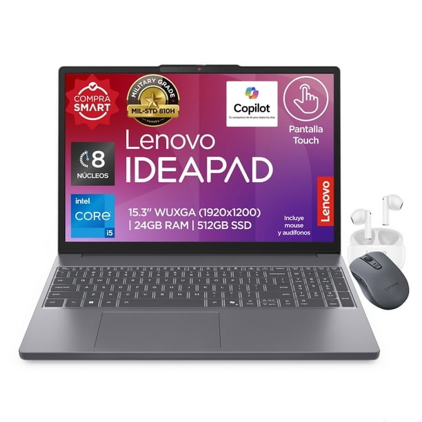 Laptop Lenovo IdeaPad Slim 3 15IRH10 15.3” WUXGA IPS Touch, Intel Core i5-13420H 24GB DDR5 512GB SSD Wi-Fi 6 Windows 11 (Español) Luna Grey + Audífonos E310 + Mouse WL310