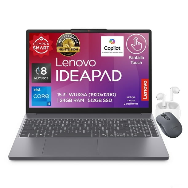 Laptop Lenovo IdeaPad Slim 3 15IRH10 15.3” WUXGA IPS Touch, Intel Core i5-13420H 24GB DDR5 512GB SSD Wi-Fi 6 Windows 11 (Español) Luna Grey + Audífonos E310 + Mouse WL310