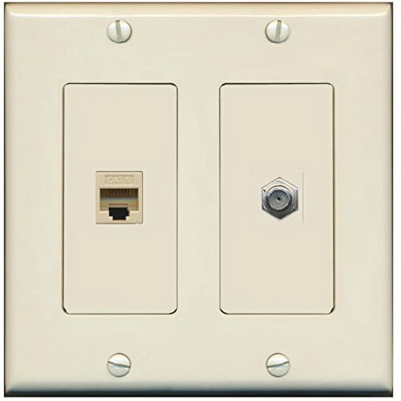 RiteAV - 1 Port Coax Cable TV- F-Type 1 Port Cat6 Ethernet Dual Gang Wall Plate - Light Almond