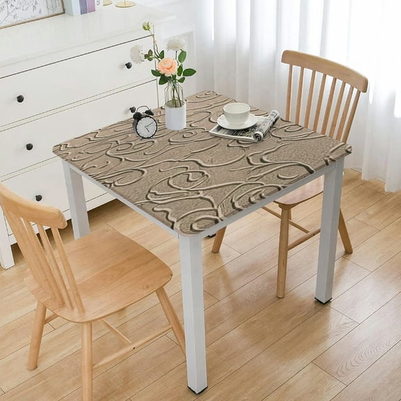 HAOXIT Decorative Fitted Polyester Square Table Covers, Beige Elastic Edged Square Table Cloth, Pattern Fitted Table Pad, Fit Square Table 36*36