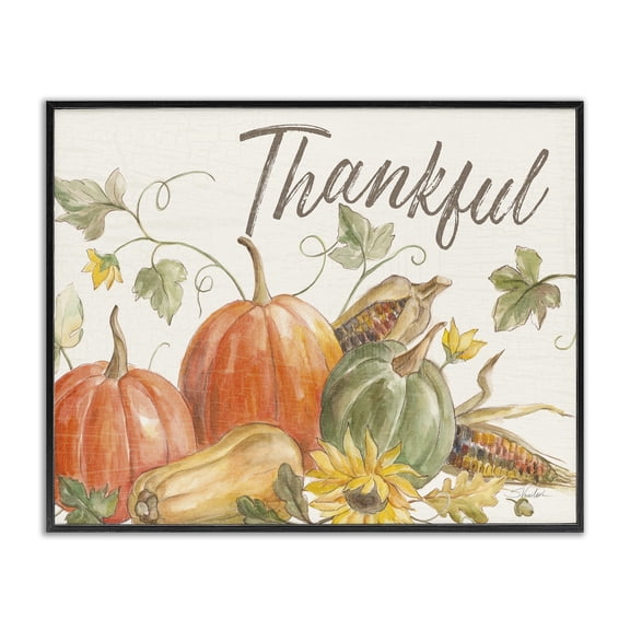Stupell Industries Cottage Thankful Sentiment Autumn Pumpkin Corn Harvest Black Framed Giclee Art, 20 x 16, by Silvia Vassileva