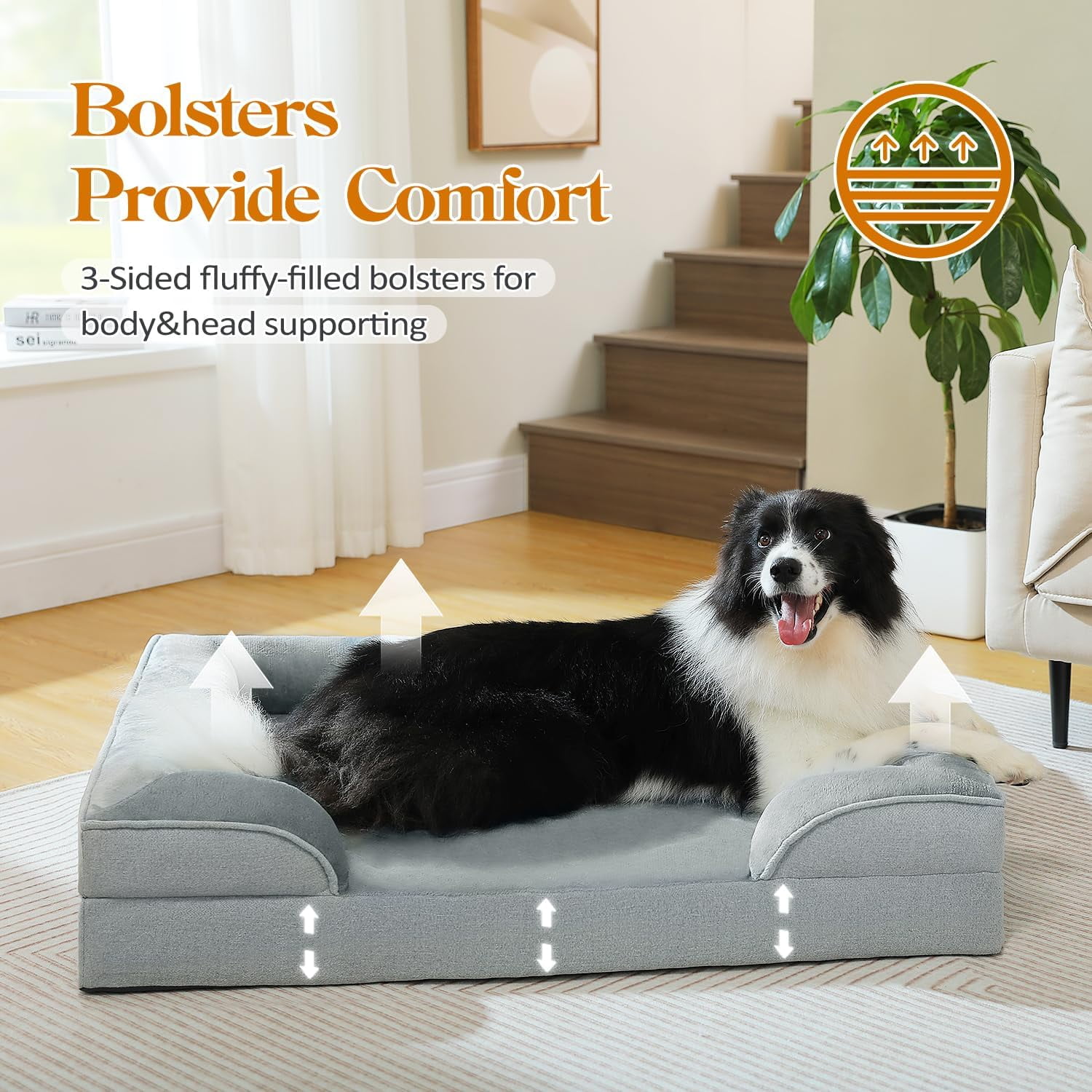 Orthopedic Dog Bed, Washable Large Dog Bed for Large Dogs with Supportive Foam,2-Layer Waterproof Cover and Non-Slip Bottom for Small, Medium and Large Dog-Gray,Large