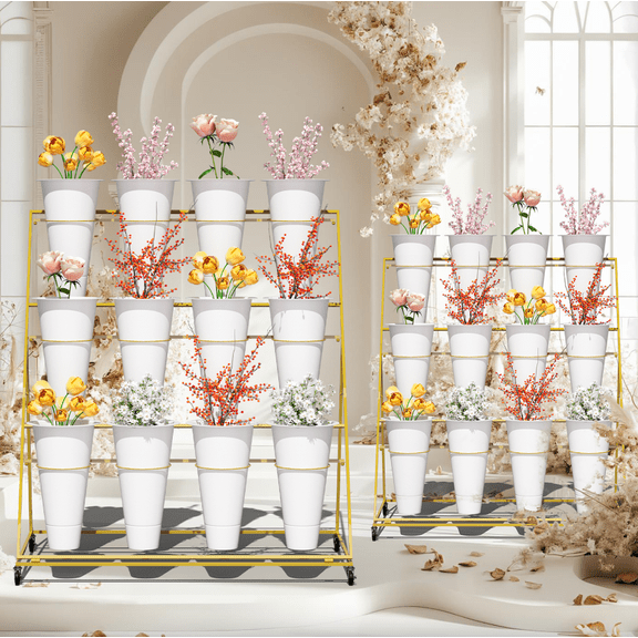 Flower Display Stand with Wheels, 3 Layers Heavy Duty Moving Plant Cart Shelf with 12 Buckets, Wrought Iron Florist Shelf for Florist, Patio Garden & Outdoor Events (Gold Mental)