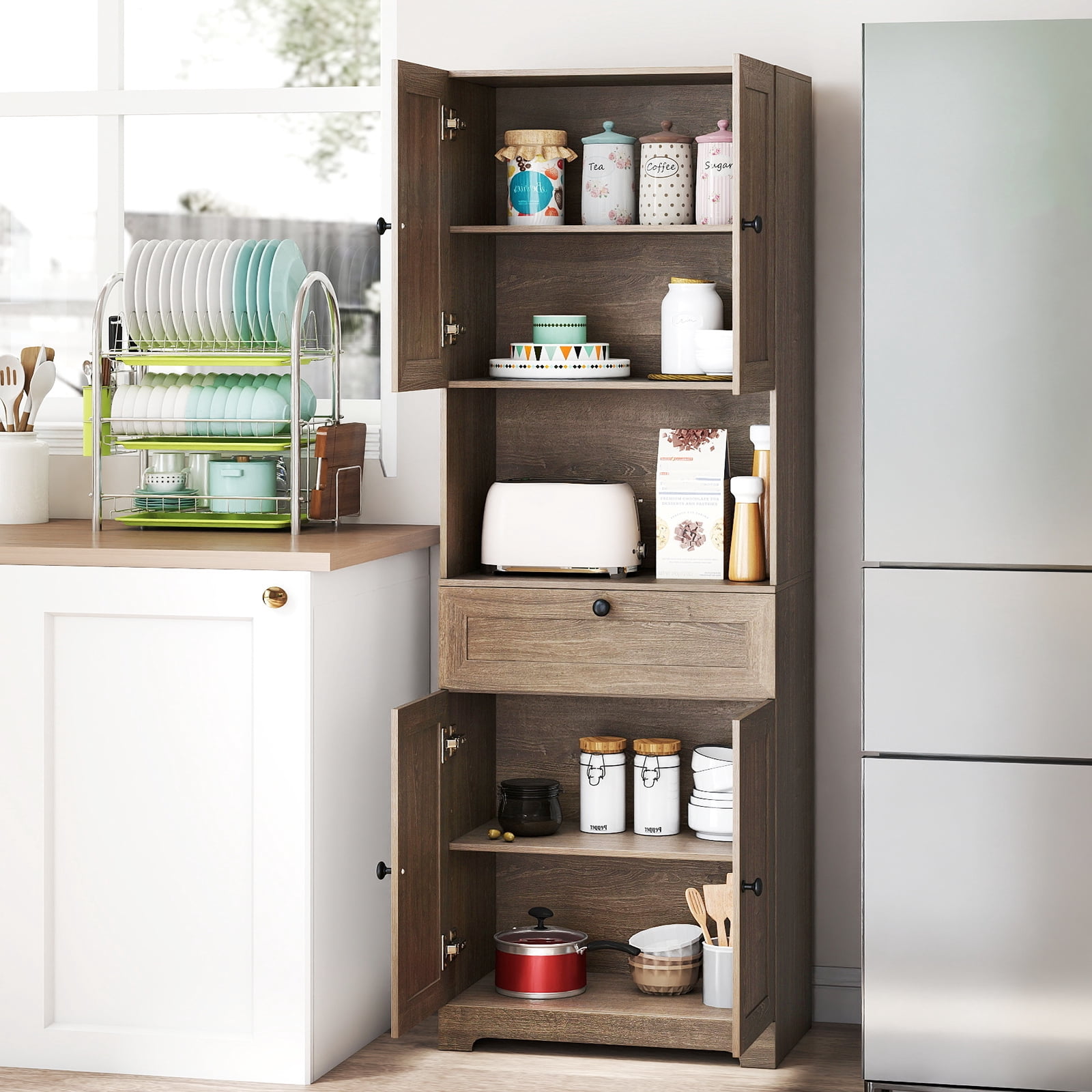 Gymax 67.5'' Kitchen Pantry Cabinet w/4 Doors 1 Drawer Open Countertop Adjustable Shelf Gray Oka