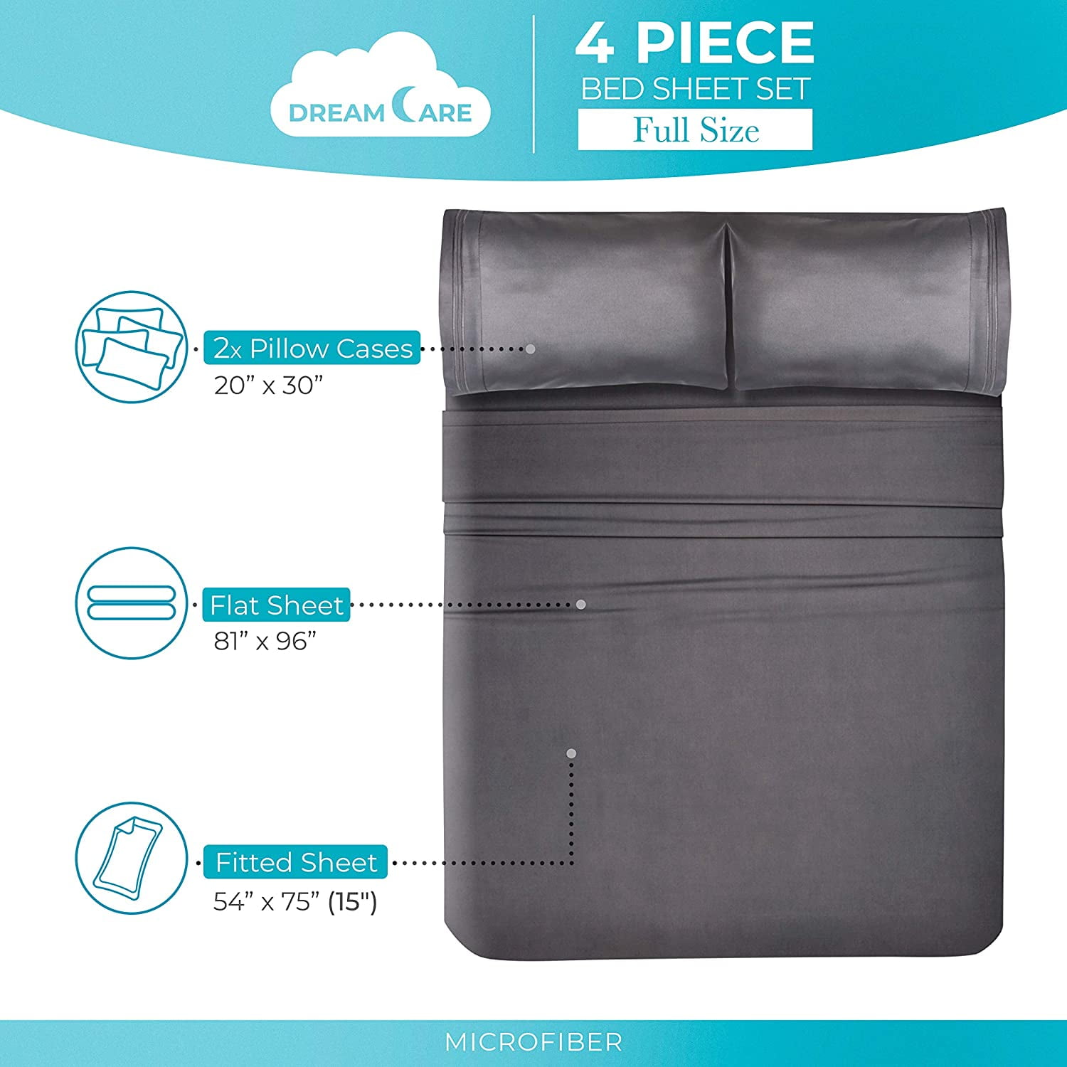 DREAMCARE - Bed Sheets Set - Full Size Sheet with Side Pocket - 4pcs Set, 15 inches, Gray