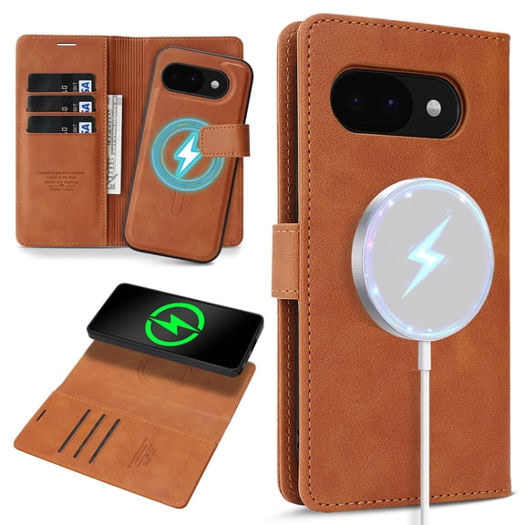 ELEHOLD Magnetic Detachable Wallet Case For Google Pixel 10A, Removable 2 in 1 Wireless Charging RFID Blocking Card Holders PU Leather Flip Stand Cover,Brown