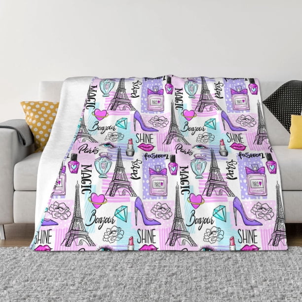 Balery Eiffel Tower and Hearts Manta de Franela con Dibujo, Lujo Ultra Suave y Cálido, Antipelusa y Resistente a las Arrugas para Cama, Sofá, Camping -60"x50"