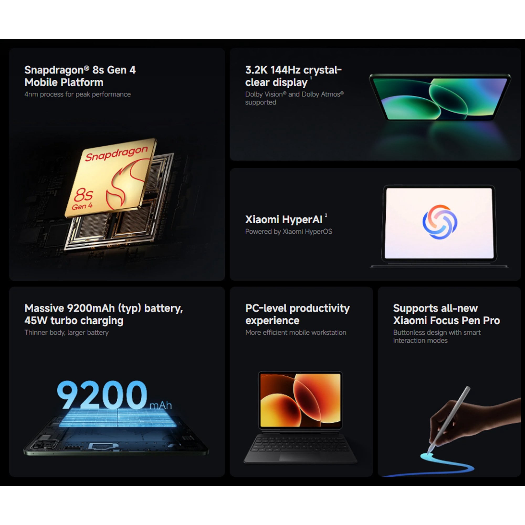 XIAOMI Pad 8 Ai WiFi Version Global No Calls or Text 11.2 inches 3.2K 144Hz 9200mAh Four Speakers 13 Mp Model 25097RP43G Gray, 256GB + 8GB