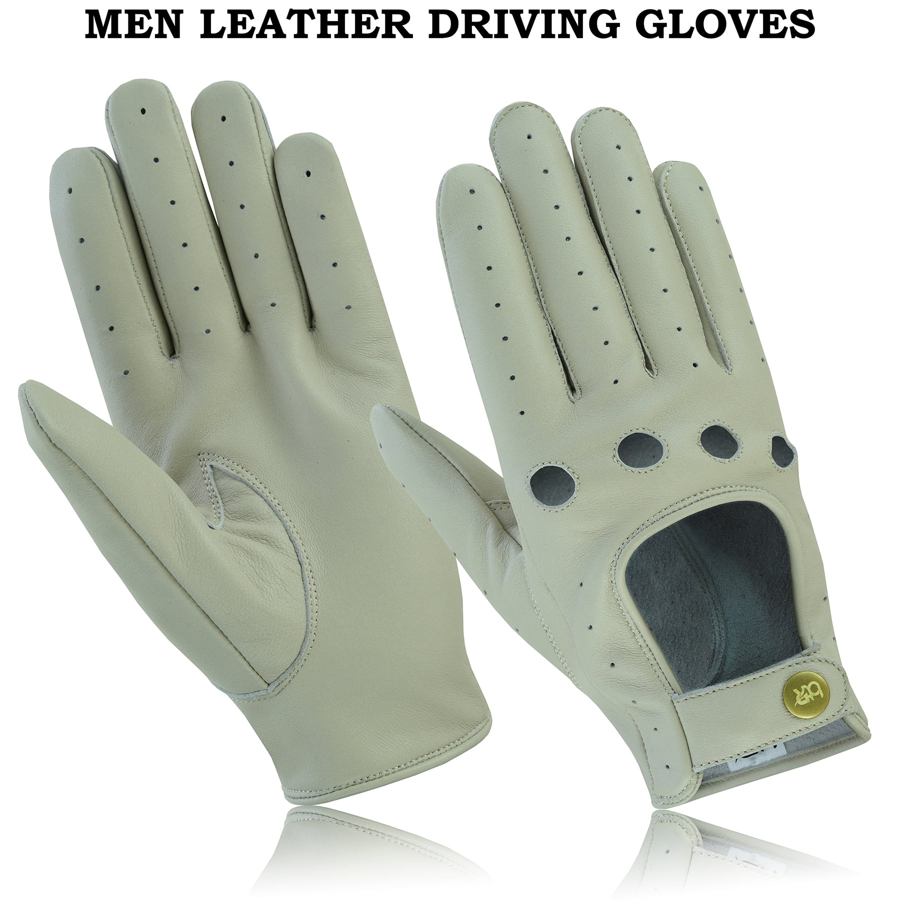 Men Leather Gloves Leather Driving Gloves Chauffeur 100% Genuine Lambskin Leather Full Finger Car Driving Motorcycle Bikers Riding Gloves Bone White-M