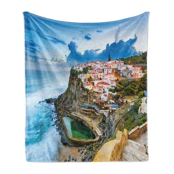 Mediterranean Soft Flannel Fleece Throw Blanket, Portuguese Town Coast Azenhas Do Mar Beach by Cliffs Village Shore Theme, Cozy Plush for Indoor and Outdoor Use, 70" x 90", Multicolor, by Ambesonne