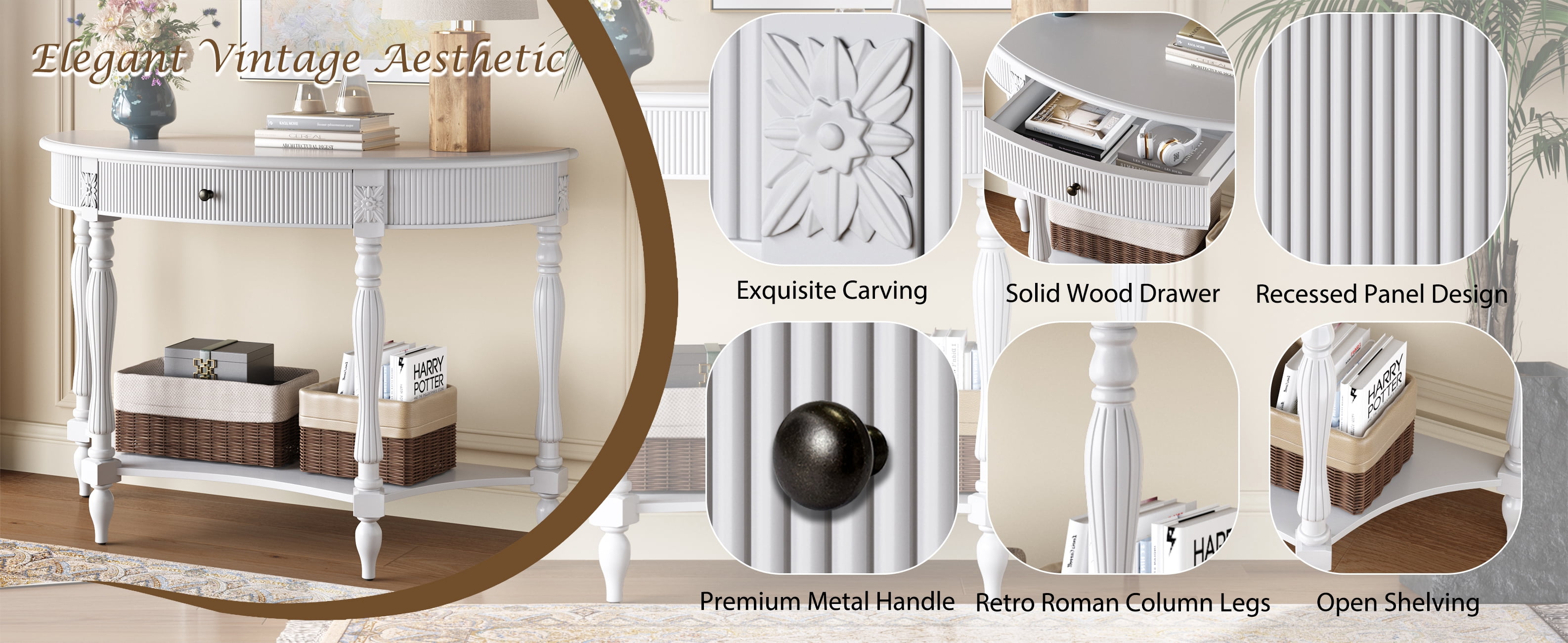 Solid Wood Half Moon Console Table with Drawer & Shelf, Fluted Vintage Curved Entryway Table for Hallway Living Room Foyer, Narrow Space Sofa Table with Roman Column Carved Legs, White