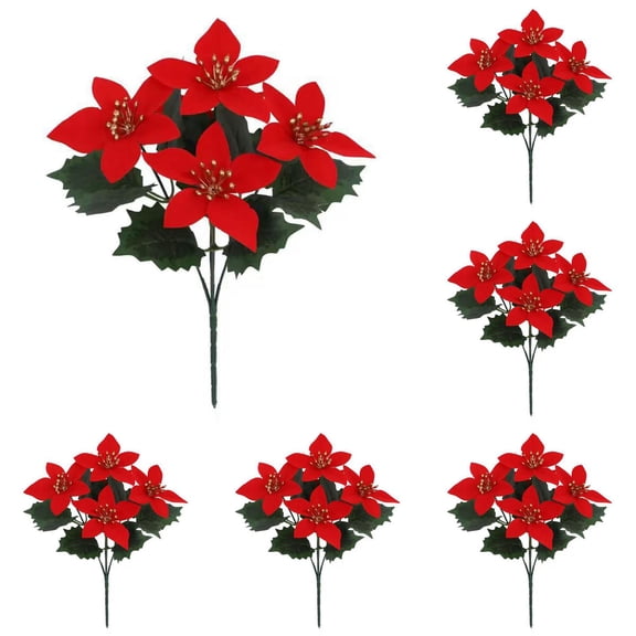 6 Pcs Artificial Poinsettia Flowers 11in Red Christmas UV Resistant for Outdoor Indoor Garden Porch Home Xmas Decorations
