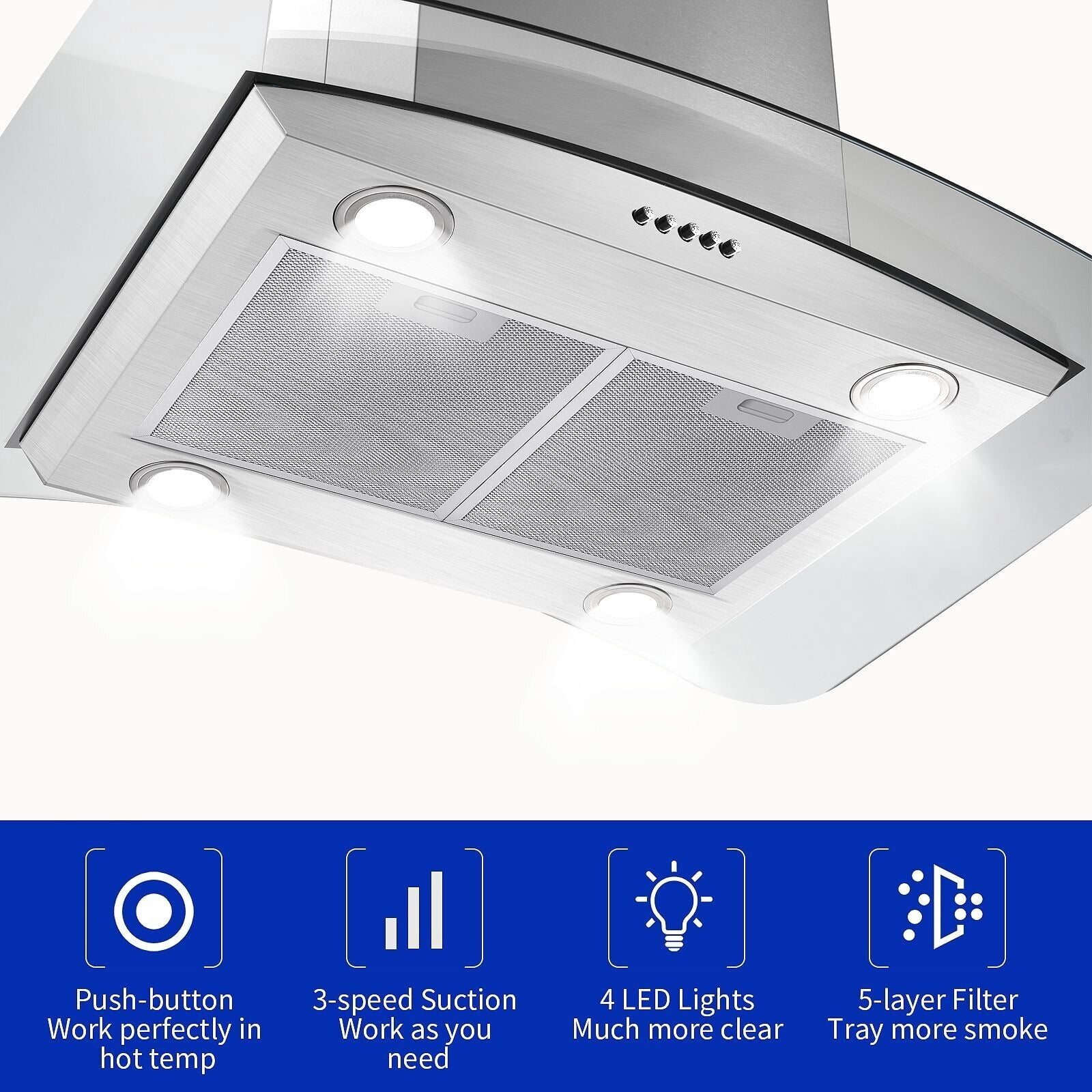 Joeaonz Island Mount Range Hood in Stainless Steel with LED Lights & Easy-Clean Filters, 120V