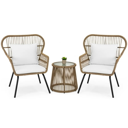 Best Choice Products 3-Piece Outdoor All-Weather Wicker Conversation Bistro Furniture Set for Patio, Garden, Backyard w/ 2 Chairs, Glass Top Side Table, Weather-Resistant Seat & Back Cushions - (Best Furniture Stores Dc)
