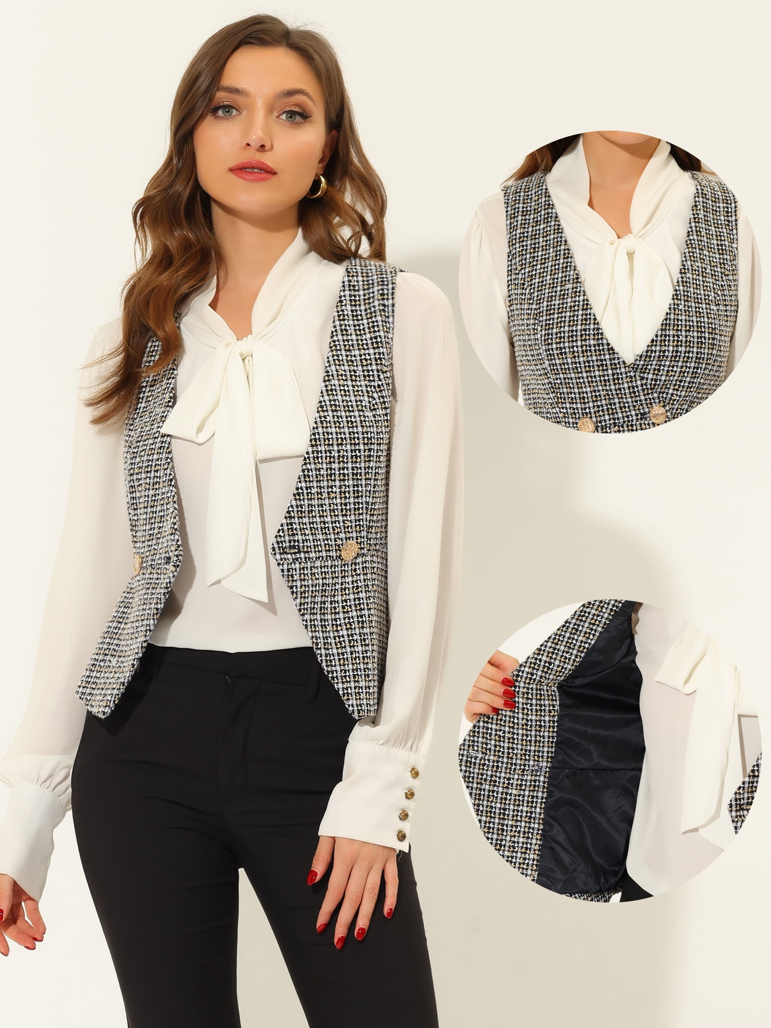 DARING DIVA Women's Plaid Double Breasted Tweed Vest Waistcoat XS Black