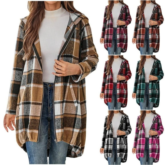 Xuniizn Plaid Flannel Jacket Women, Oversized Long Sleeve Zip Up Hooded Long Jackets with Pockets, Thick Insulated Soft Trendy Classic Fall Winter Shacket Coats