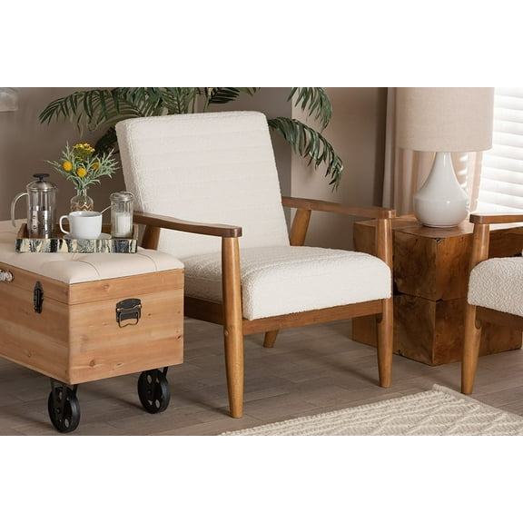 Baxton Studio Stratton Mid-Century Modern Cream Boucle Fabric and Walnut Brown Finished Wood Armchair