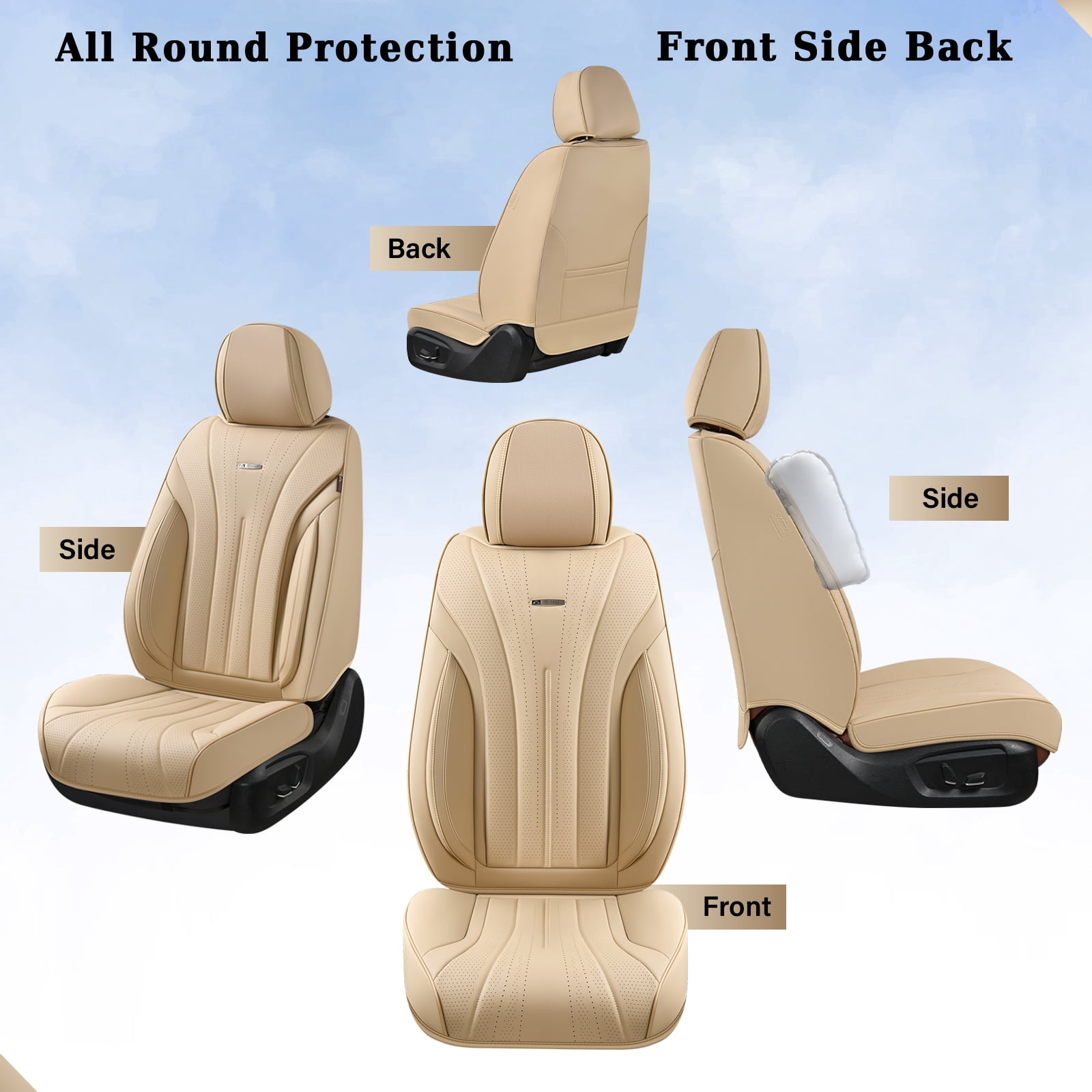 Coverado Full Set Car Seat Covers, Waterproof Faux Leather Front and Rear Seat Protector, Breathable Seat Cushions Universal Fit for Most Cars, Beige