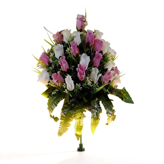 Elegant Synthetic Floral Arrangement for Cemetery Displays | Sympathy Silk Gravesite Flowers Featuring Red Lilies White Daisies and Red Roses Bouquet