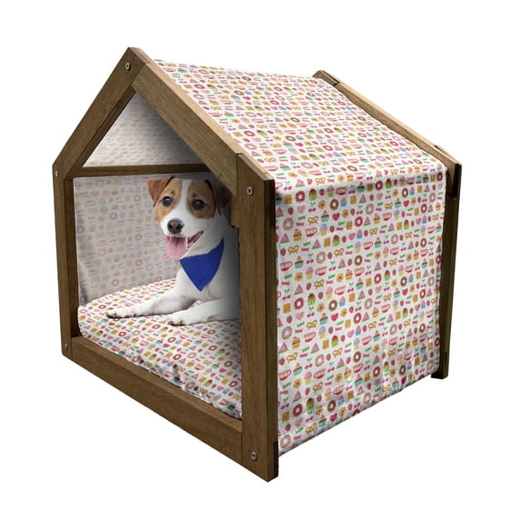 Tea Party Pet House, Sweets Candies Cookies Fruit and Other Things Cheerful Composition, Outdoor & Indoor Portable Dog Kennel with Pillow and Cover, 5 Sizes, Multicolor, by Ambesonne