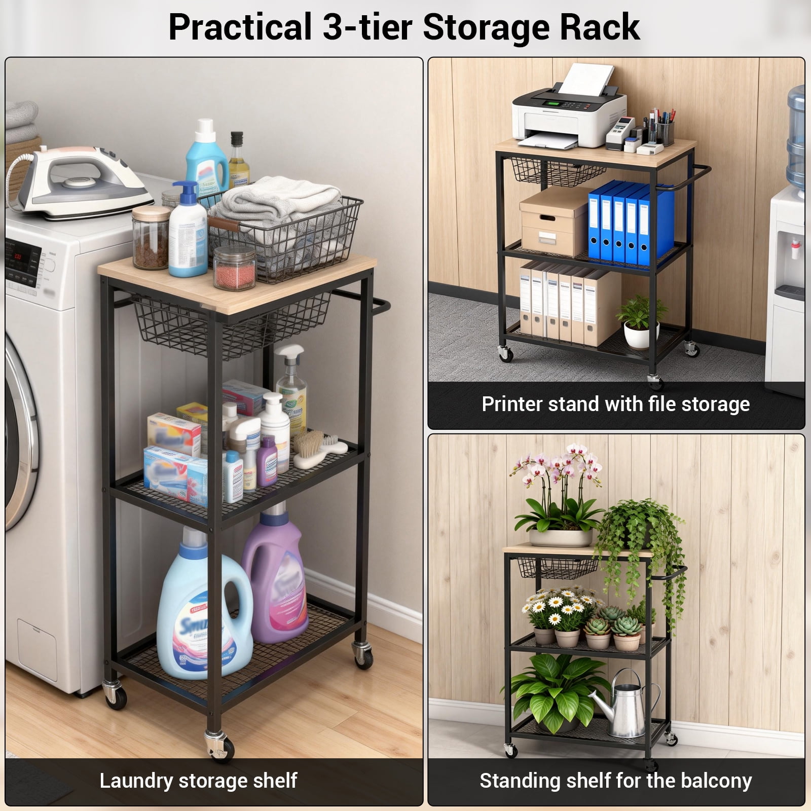Soonbuy 3-Tier Kitchen Storage Cart, Baker’s Rack with Push Handle, Coffee Bar, Kitchen Storage Cart with Storage for Kitchen Island Restaurant Living Room