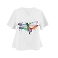 thumbnail image 4 of Pompotops Mode Femmes Imprimé Coton+lin Manches Courtes Col en V Hauts d'Été Blouse T-shirt Liquidation, 4 of 4