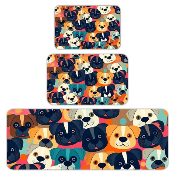 RKSupls Kitchen Rug Set 3 Piece Anti-Slip Flannel Floor Mats, Colorful Puppy Pattern Washable Absorbent Runner Mats for Kitchen Bathroom Home Decor