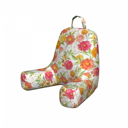 Spring Reading Pillow, Hand Painted Flowers and Berries in Watercolor Effect Nature Love, Bedrest Cushion with Back Pocket and Washable Cover, 2 Sizes, by Ambesonne