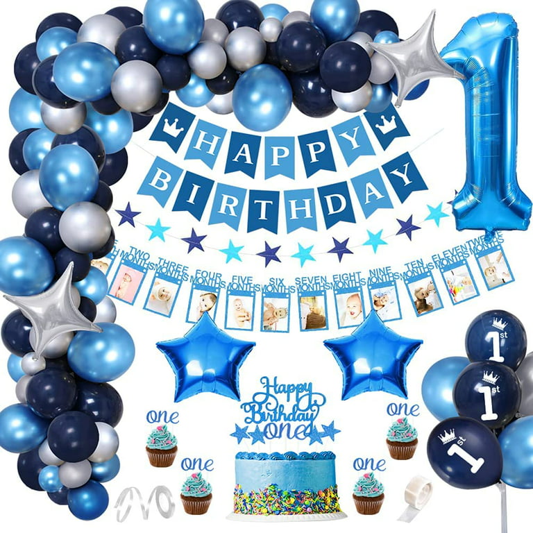 Baby Boy 1st Birthday Decorations and Photo Banner 0-12 Month, First  Birthday , Cake Topper ONE, Happy Birthday Balloons Banner, Number 