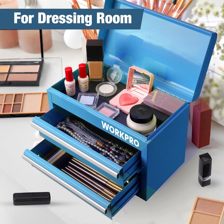 WORKPRO Mini Metal Tool Box with 2 Drawers and Top Storage, Small