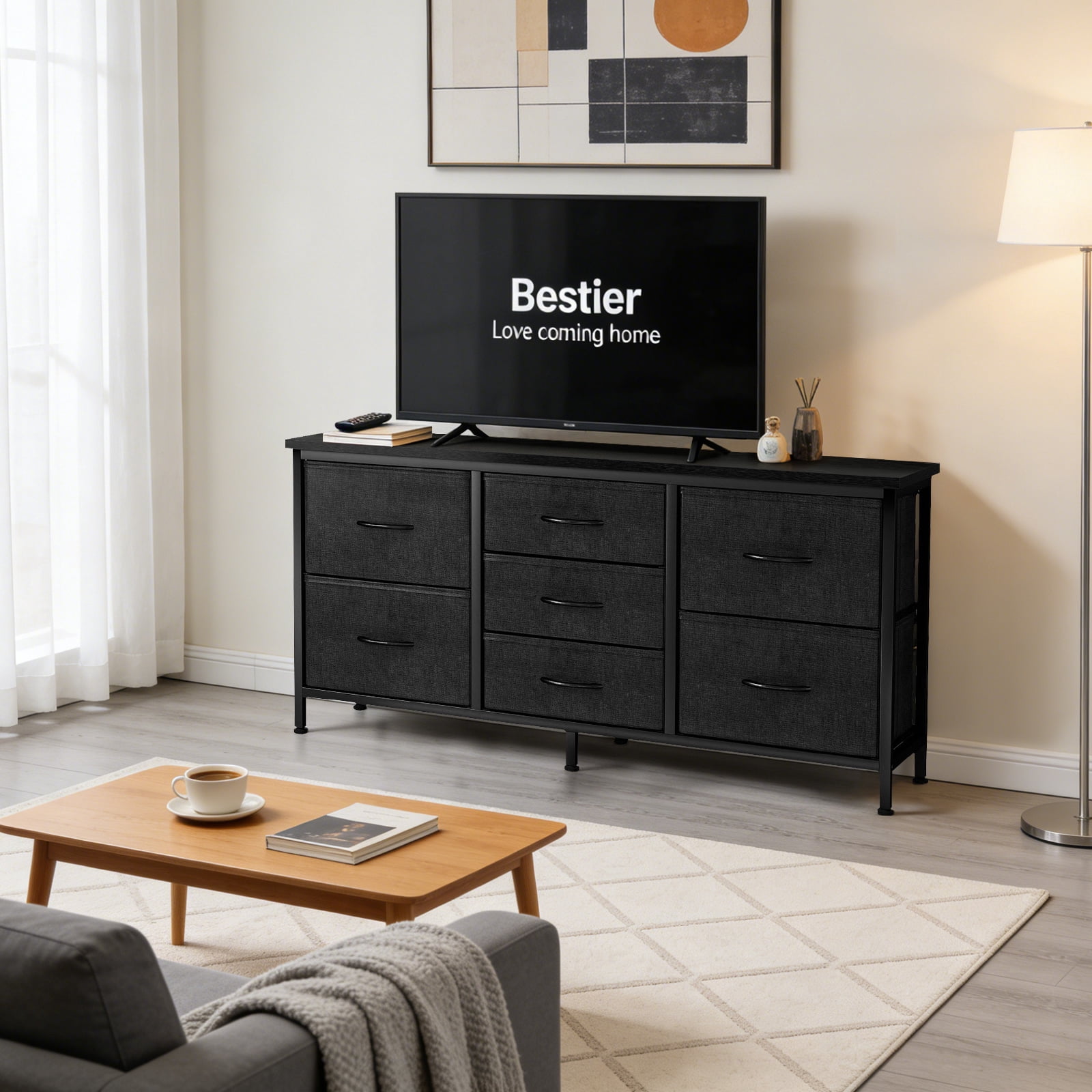 7-Drawer Storage Dresser, TV Stand with Storage, Organize Cabinet for Living room, Entry Way, Office, Black