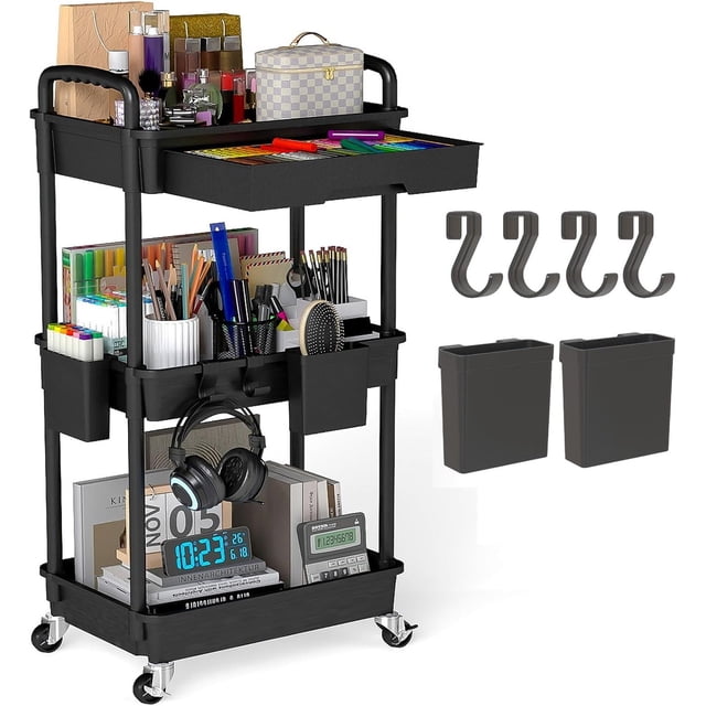 LLMRR 3 Tier Rolling Utility Cart with Drawer, Cart with Drawer & Handle, Bathroom Cart Organizer, Rolling Storage Cart with Drawer, Rolling Cart with Lockable Wheels for Kitchen, Office, Black