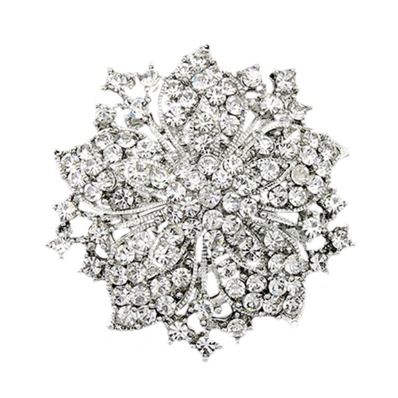 Besufy Women Brooch New Design Cluster Rhinestones Round Blossom Flower Crystal Silver Plated Breastpin
