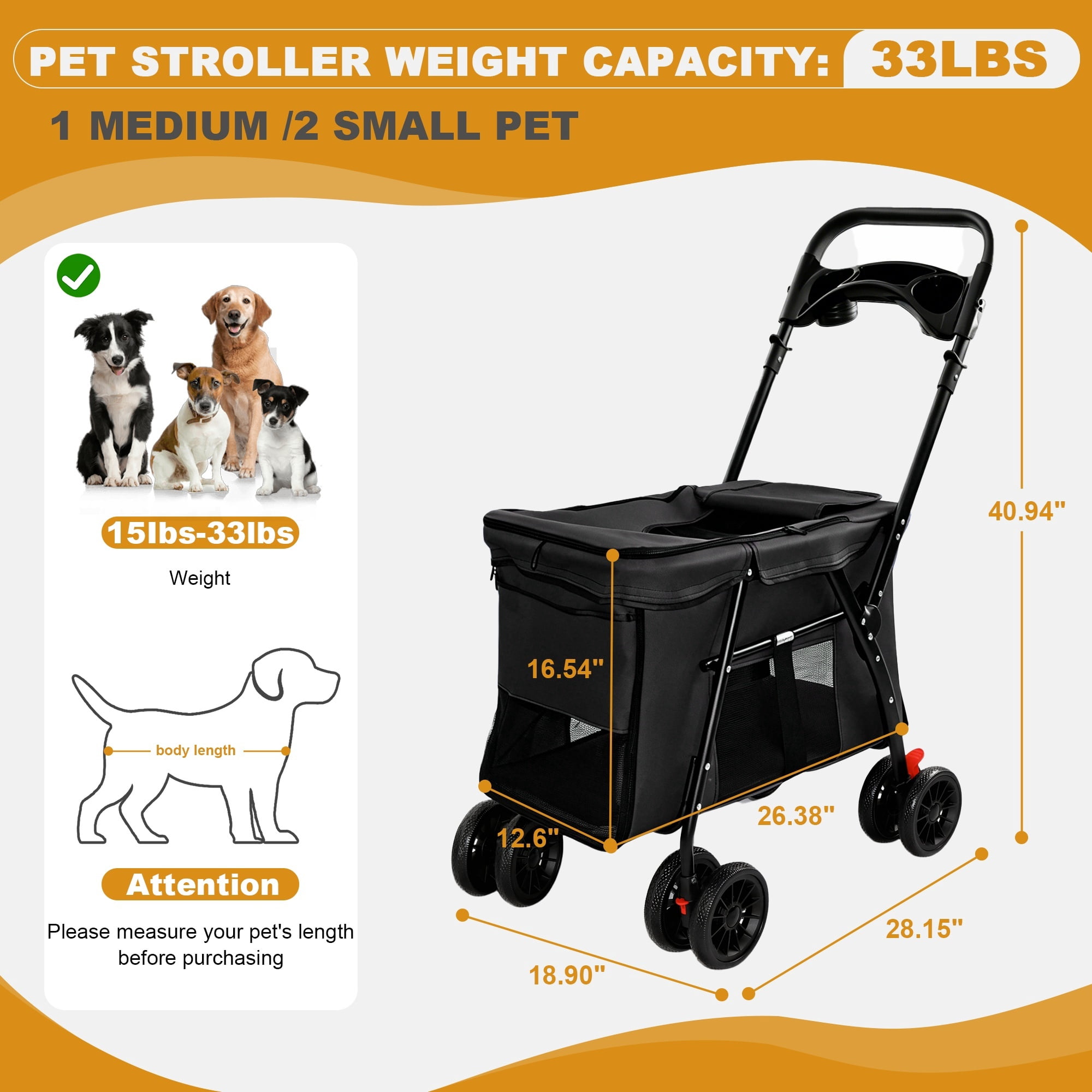 4-Wheel Folding Pet Stroller for Small Dogs and Cats, Pet Rolling Carrier with Storage Bag, Breathable Mesh & 2 Safety Leashes