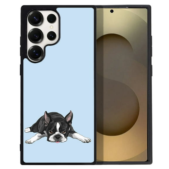 WIRESTER Shockproof Soft Rubber Cover Case for Samsung Galaxy S25 Ultra 6.8" 2025, Boston Terrier Dog Lying Down Looking Up On Light Blue Background