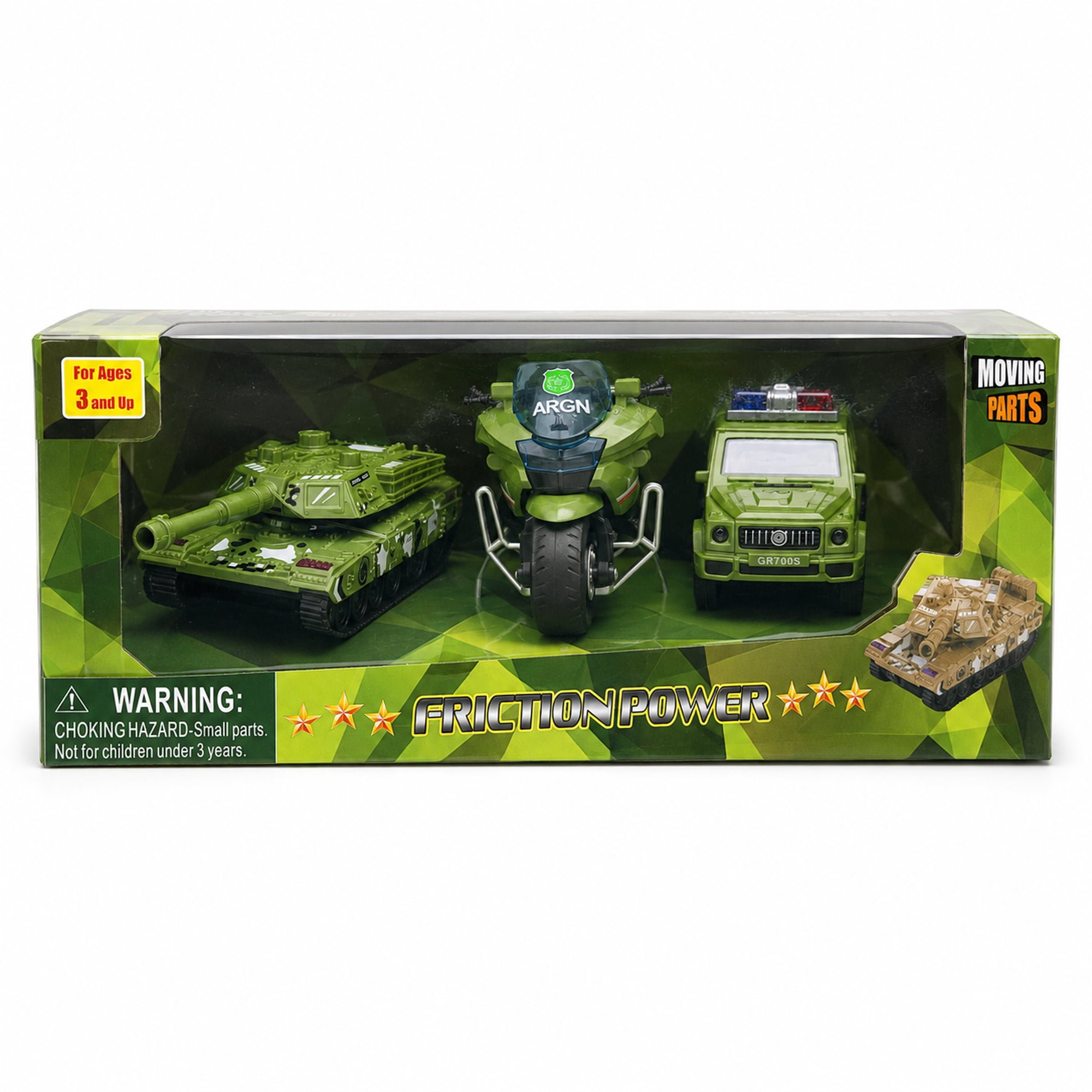 Friction Powered Vehicle Toys 3 Pack, Camouflage Tank Jeep Motorcycle Push and Go Toy Cars for Kids Ages 3+, No Battery Gift Set