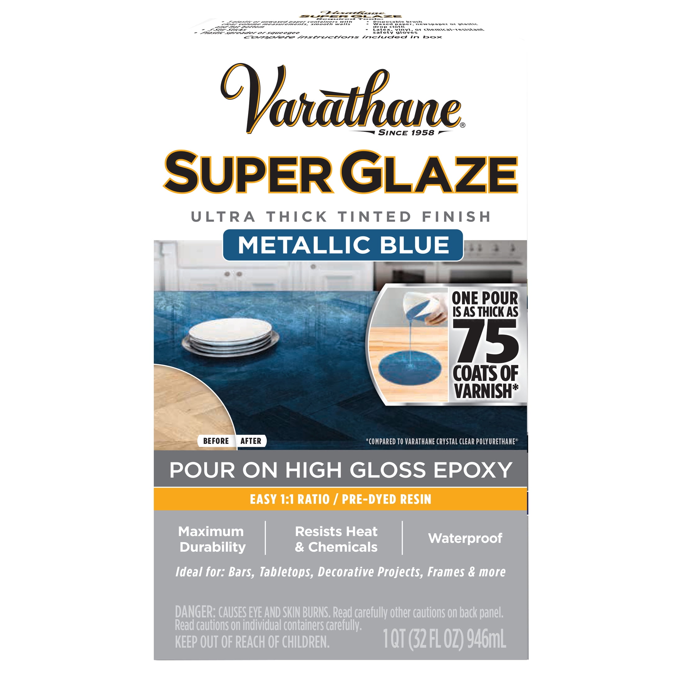 3 Pack, Metallic Blue, Varathane Super Glaze Gloss Wood Finish and Preservative - 370905, 32 oz. kit