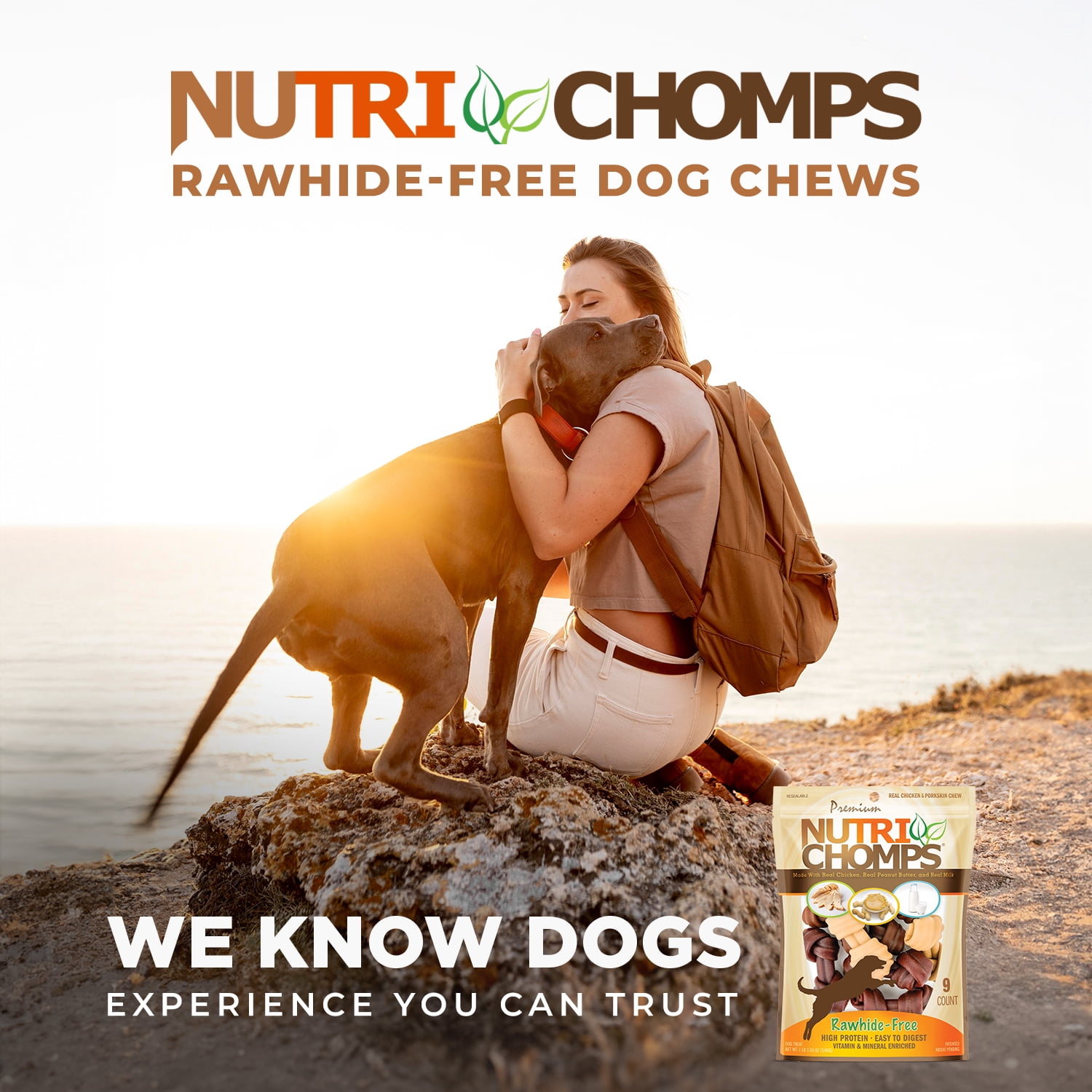 Nutri Chomps Rawhide-Free Knotted Dog Chews, 4-Inch, Chicken, Peanut Butter & Milk Flavor, 9 Count