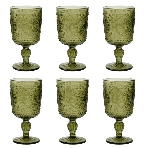 KINGSTONE Drinkware Set,6-Piece Vintage Embossed Stemmed Glass Goblets,9.47oz