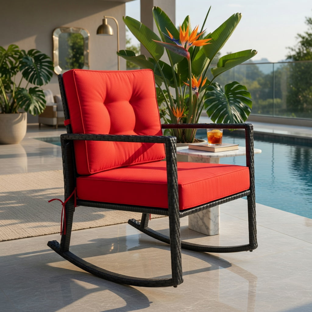 Hommoo Outdoor Rattan Rocking Chair with Thick Cushions, PE Wicker Glider for Patio, Backyard & Deck, Rustic Style, Weather-Resistant, Red