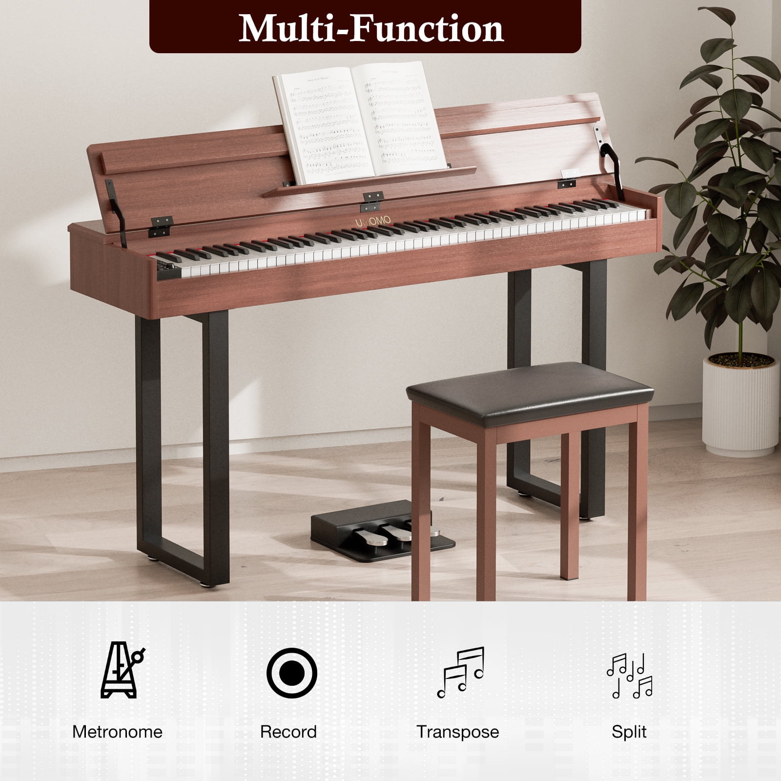 UMOMO 88 Weighted Key Digital Piano with Metal Stand, Beginner Keyboard Piano with Piano Bench, Full Size Heavy Hammer Weighted Action Electric Piano Keyboard with USB MIDI, Walnut