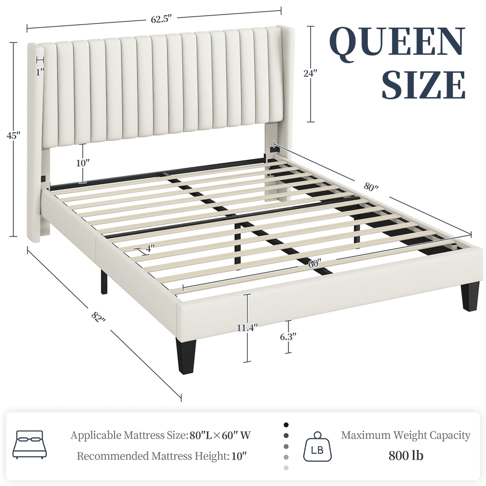 Renwick Upholstered Platform Queen Bed with Wing Side, Adult, Ivory