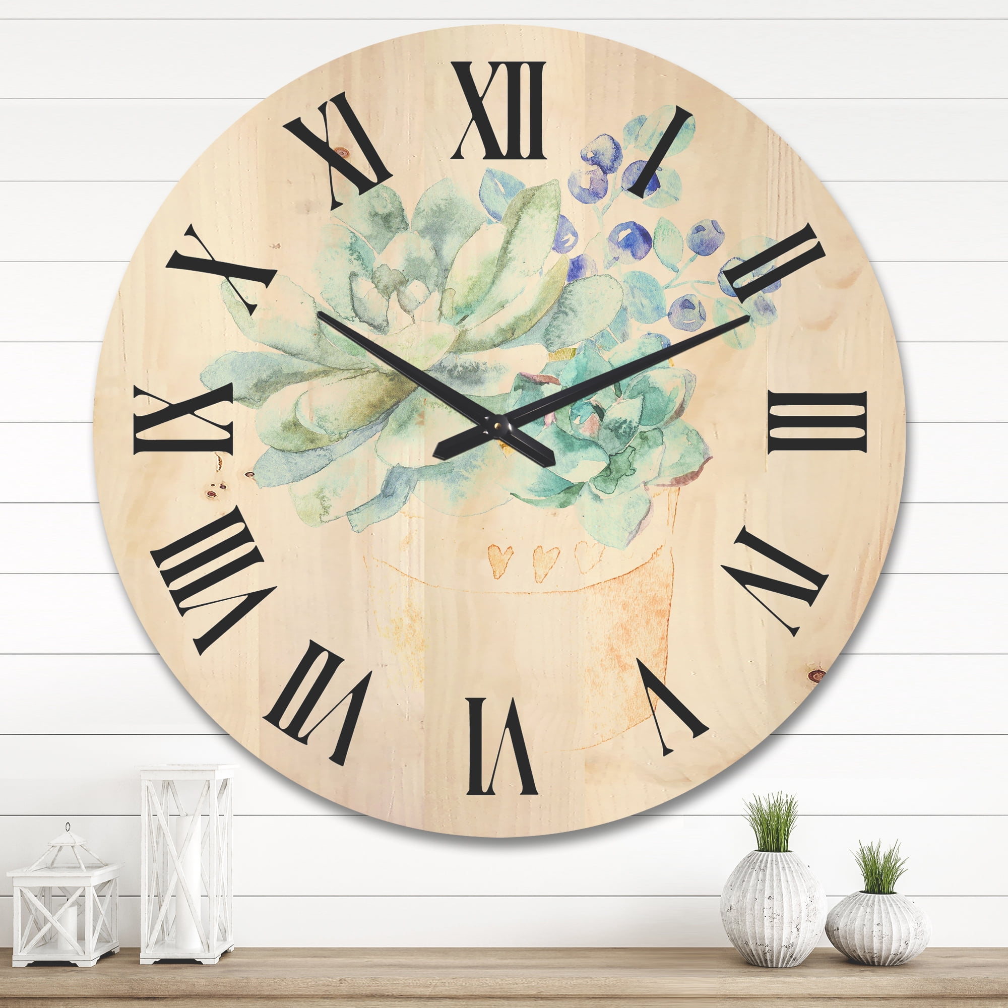 Designart 'Succulent Flower In Terracotta Clypot II' Traditional Wood Wall Clock