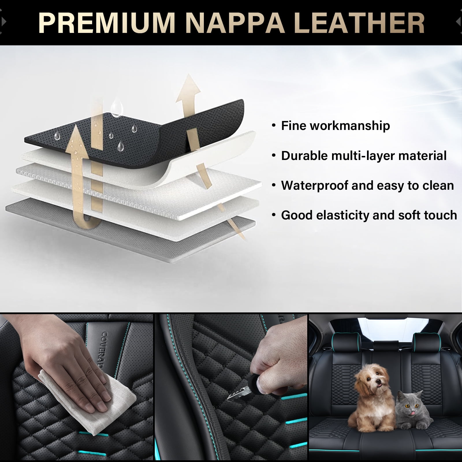 Coverado Black and Blue Trim Car Seat Covers Full Set, Premium Leather Front and Rear Split Bench Cover, Automotive Seat Protectors Universal Fit for Most Cars, SUVs and Trucks