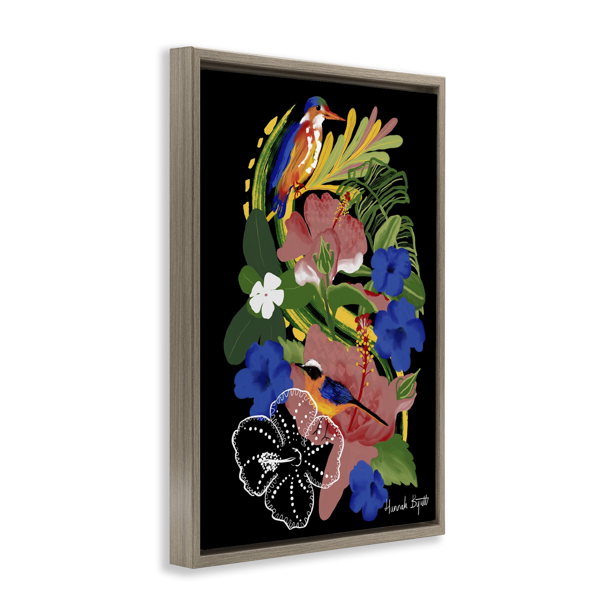 Stupell Industries Tropical Gambia Style Florals Animals Painting Brown Floater Framed Canvas Art Print Wall Art, 21 x 31
