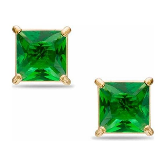 Paris Jewelry 14k Yellow Gold Push Back 6mm Princess Cut Created Emerald Stud Earrings plated