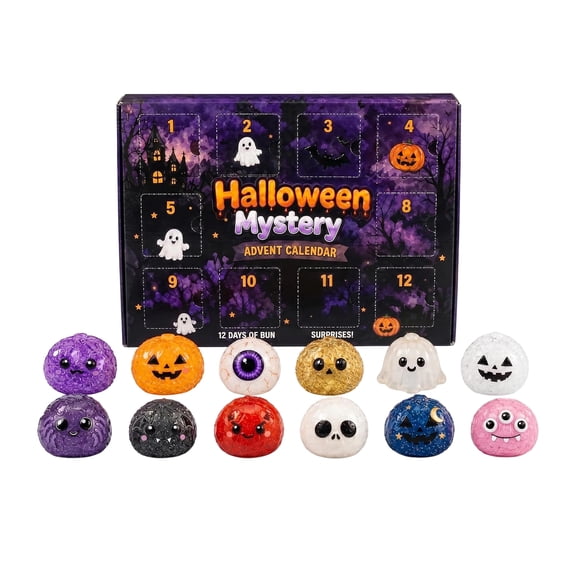 12PCS Halloween Arrival Calendar Squishy Toys, 12 Days Countdown Calendar Spooky Halloween Ghost & Pumpkin Dumpling Squishy Toys, Creepy Cute Squeeze Stress Balls for Party Favors and Birthday Gifts
