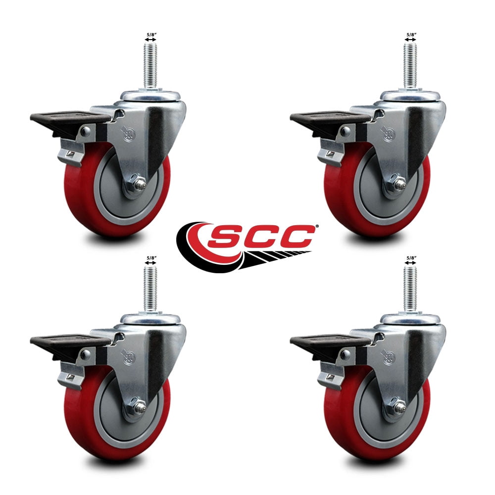 4 Inch Red Poly Wheel Swivel 5/8 Inch Threaded Stem Caster Set with Brake