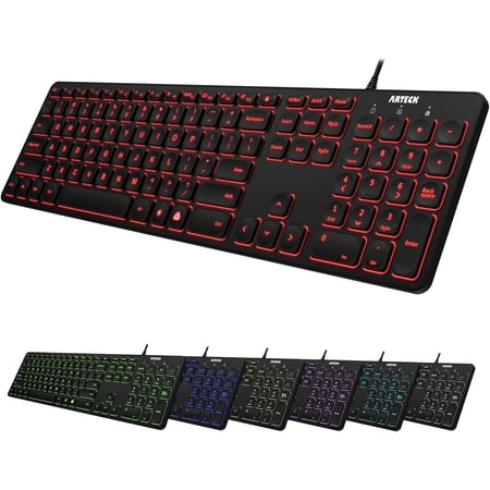 Arteck USB Wired Keyboard Universal Backlit 7-Colors & Adjustable Brightness Full Size Keyboard with 4 Feet Wire,